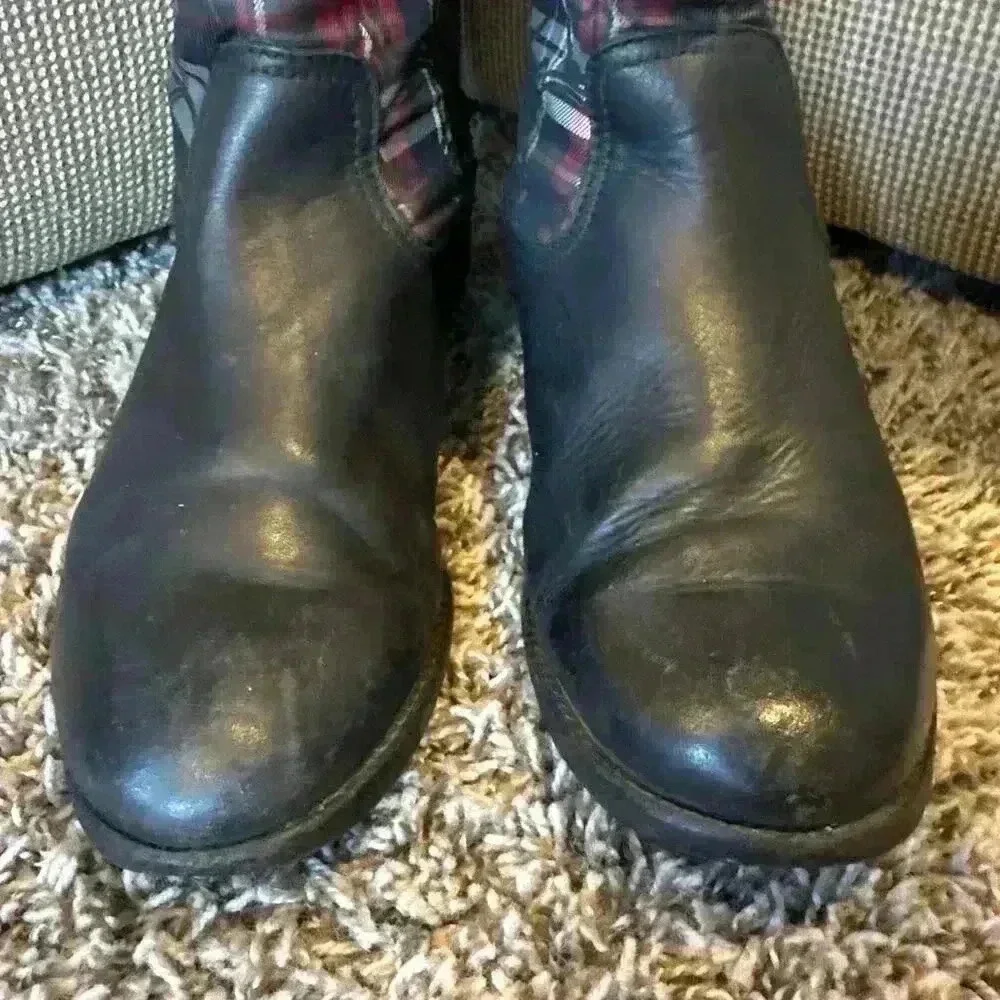 COACH CHRISSI BLACK LEATHER WITH MONOGRAM LOGO PLAID EQUESTRIAN BOOTS SIZE 8.5